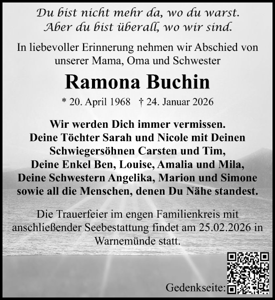Traueranzeige von Ramona Buchin von Norddeutsche Neueste Nachrichten