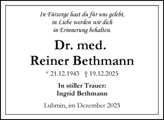 Traueranzeige von Reiner Bethmann von Nordkurier Vorpommern Kurier