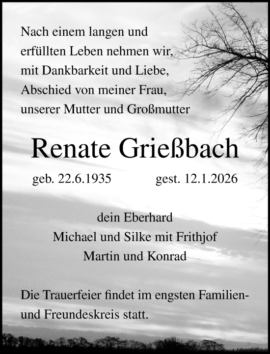 Traueranzeige von Renate Grießbach von Norddeutsche Neueste Nachrichten