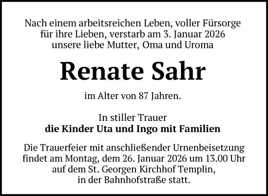 Traueranzeige von Renate Sahr von Uckermark Kurier Templiner Zeitung