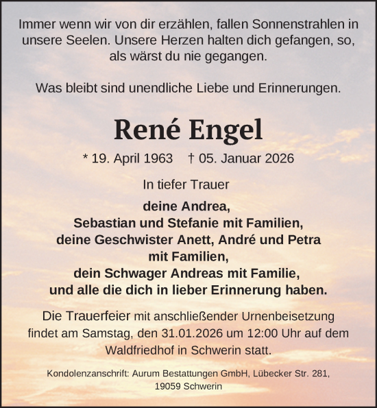 Traueranzeige von René Engel von Zeitung für die Landeshauptstadt