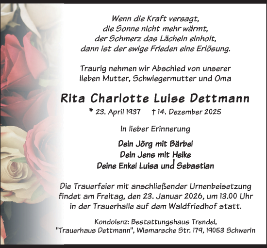 Traueranzeige von Rita Charlotte Luise Dettmann von Zeitung für die Landeshauptstadt