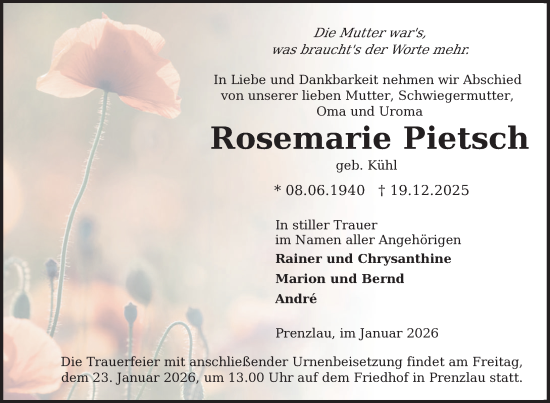 Traueranzeige von Rosemarie Pietsch von Uckermark Kurier Prenzlauer Zeitung