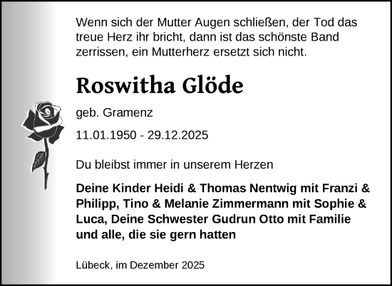 Traueranzeige von Roswitha Glöde von Uckermark Kurier Prenzlauer Zeitung