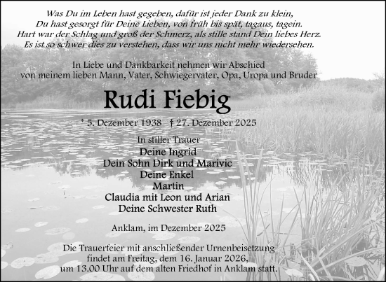 Traueranzeige von Rudi Fiebig von Nordkurier Vorpommern Kurier