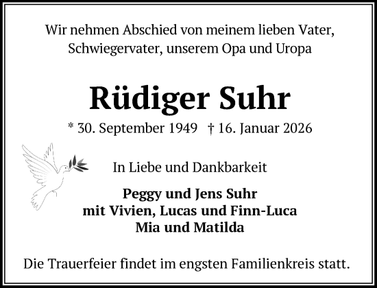 Traueranzeige von Rüdiger Suhr von Zeitung für die Landeshauptstadt