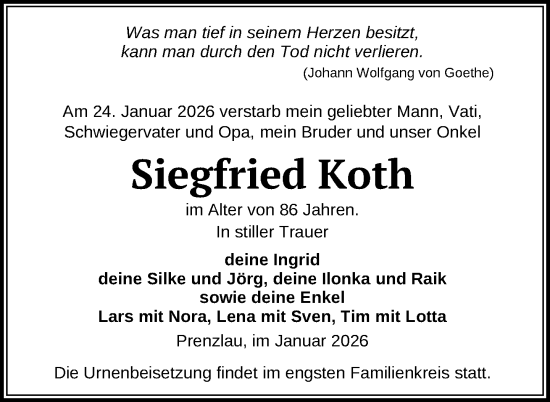 Traueranzeige von Siegfried Koth von Uckermark Kurier Prenzlauer Zeitung