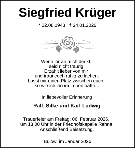 Traueranzeige von Siegfried Krüger von Gadebusch - Rehnaer Zeitung