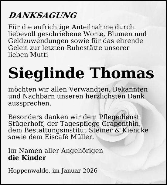 Traueranzeige von Sieglinde Thomas von Nordkurier Haff-Zeitung