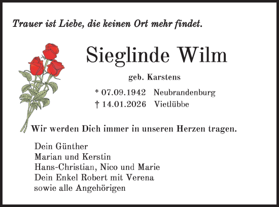 Traueranzeige von Sieglinde Wilm von Zeitung für die Landeshauptstadt