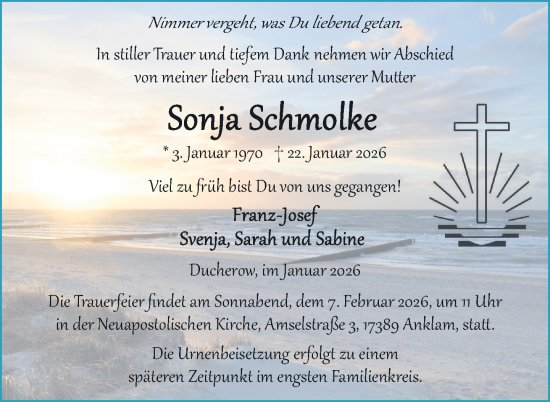 Traueranzeige von Sonja Schmolke von Nordkurier Vorpommern Kurier, Nordkurier Grosso