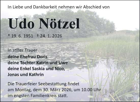 Traueranzeige von Udo Nötzel von Nordkurier Neubrandenburger Zeitung