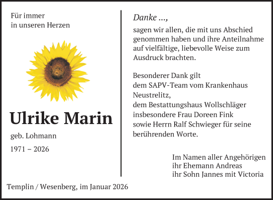 Traueranzeige von Ulrike Marin von Nordkurier Strelitzer Zeitung, Uckermark Kurier Templiner Zeitung