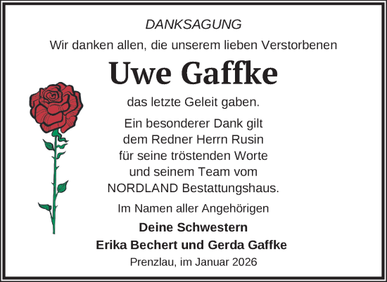 Traueranzeige von Uwe Gaffke von Uckermark Kurier Prenzlauer Zeitung