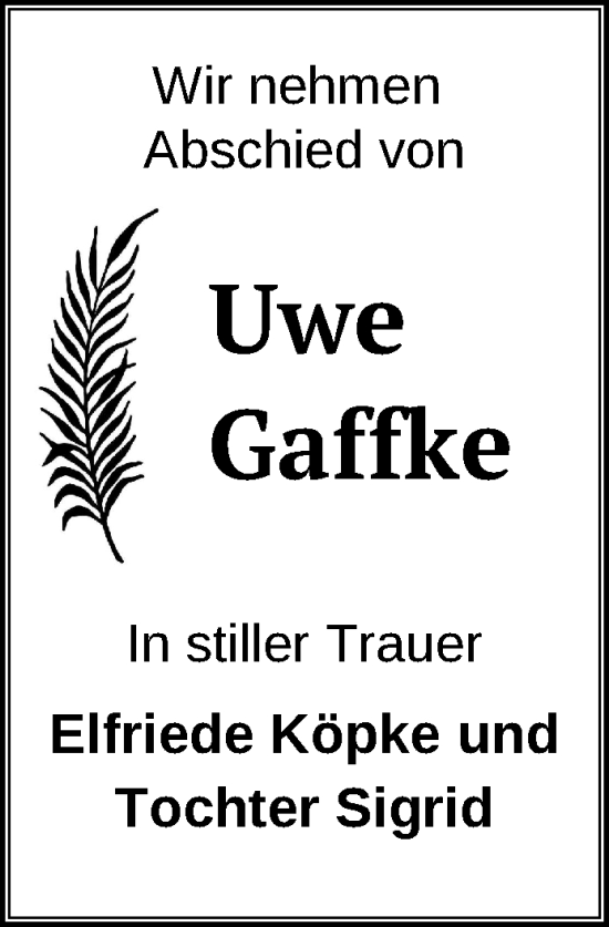 Traueranzeige von Uwe Gaffke von Uckermark Kurier Prenzlauer Zeitung
