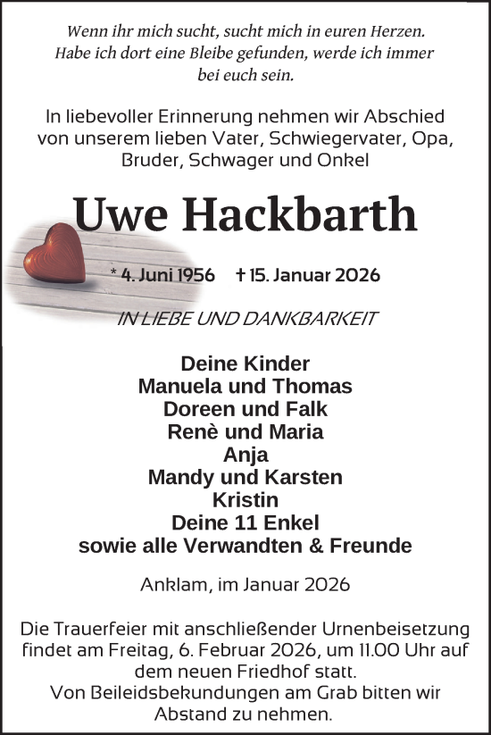 Traueranzeige von Uwe Hackbarth von Nordkurier Vorpommern Kurier