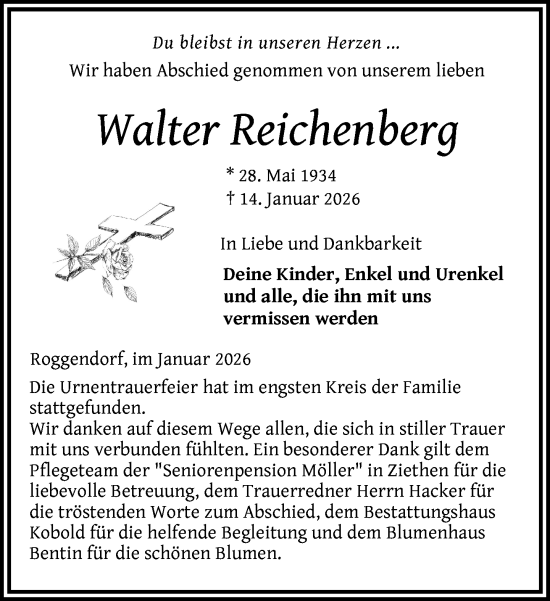 Traueranzeige von Walter Reichenberg von Gadebusch - Rehnaer Zeitung