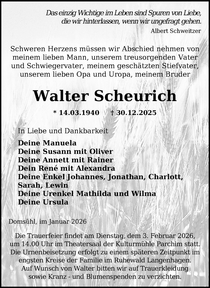  Traueranzeige für Walter Scheurich vom 24.01.2026 aus Parchim und Lübz