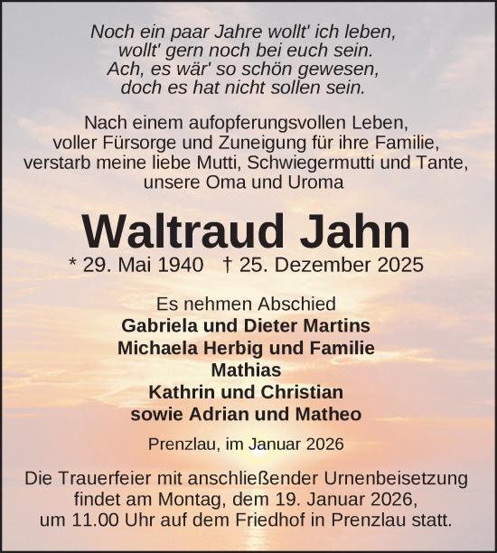 Traueranzeige von Waltraud Jahn von Uckermark Kurier Prenzlauer Zeitung