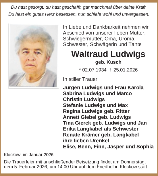 Traueranzeige von Waltraud Ludwigs von Nordkurier Mecklenburger Schweiz, Nordkurier Grosso