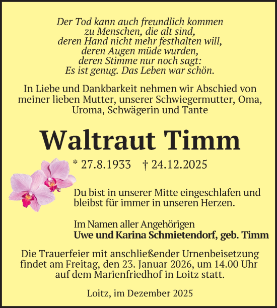 Traueranzeige von Waltraut Timm von Nordkurier Vorpommern Kurier