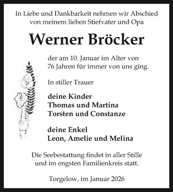 Traueranzeige von Werner Bröcker von Nordkurier Haff-Zeitung, Nordkurier Grosso