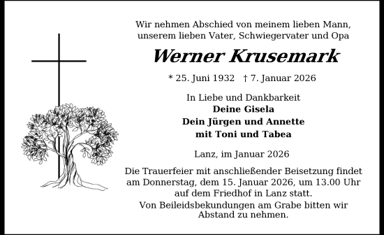 Traueranzeige von Werner Krusemark von Der Prignitzer