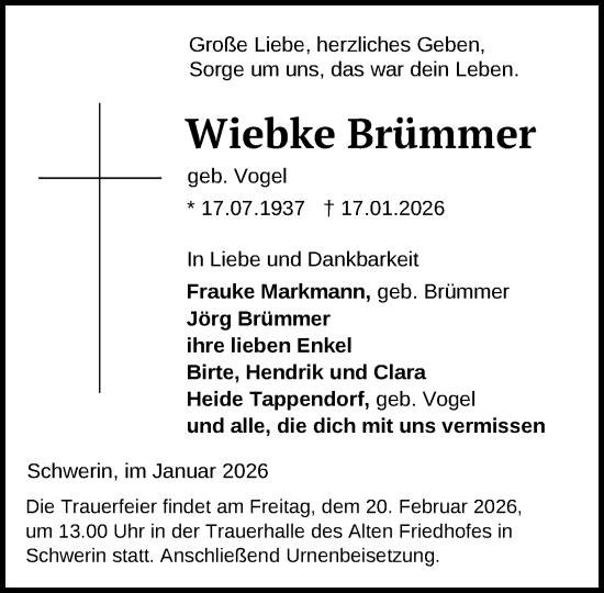 Traueranzeige von Wiebke Brümmer von Zeitung für die Landeshauptstadt