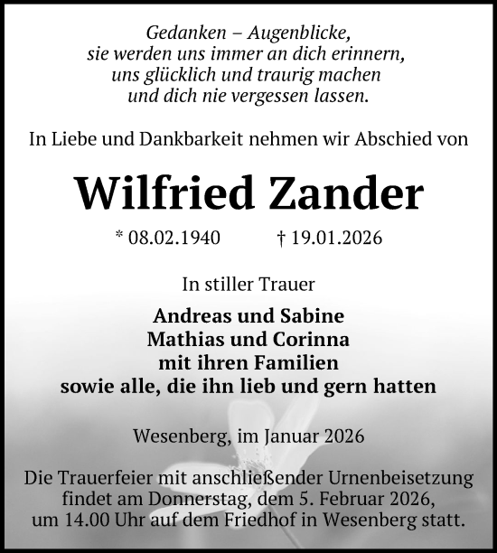 Traueranzeige von Wilfried Zander von Nordkurier Strelitzer Zeitung