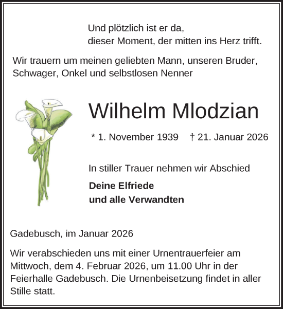 Traueranzeige von Wilhelm Mlodzian von Gadebusch - Rehnaer Zeitung