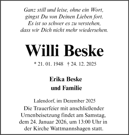 Traueranzeige von Willi Beske von Güstrow und Bützow