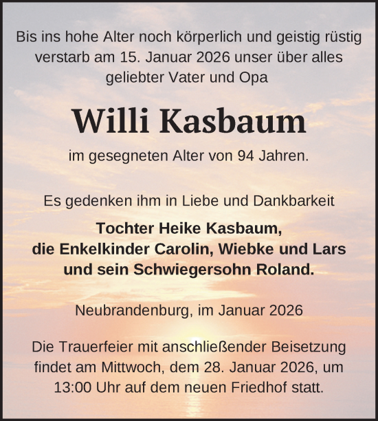 Traueranzeige von Willi Kasbaum von Nordkurier Neubrandenburger Zeitung