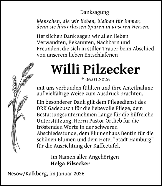 Traueranzeige von Willi Pilzecker von Gadebusch - Rehnaer Zeitung