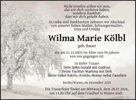 Traueranzeige von Wilma Marie Kölbl von Nordkurier Müritz-Zeitung