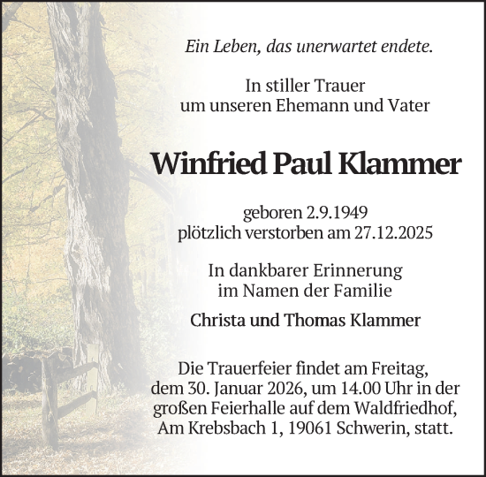 Traueranzeige von Winfried Paul Klammer von Zeitung für die Landeshauptstadt