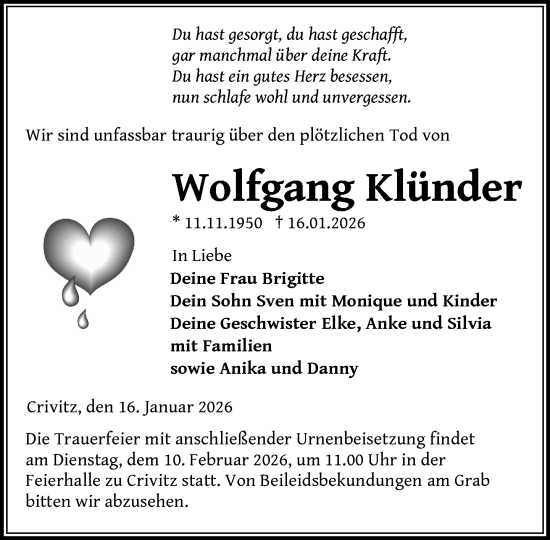Traueranzeige von Wolfgang Klünder von Zeitung für die Landeshauptstadt