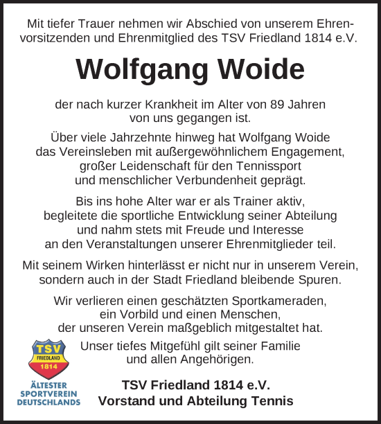 Traueranzeige von Wolfgang Woide von Nordkurier Neubrandenburger Zeitung