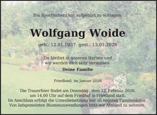 Traueranzeige von Wolfgang Woide von Nordkurier Neubrandenburger Zeitung