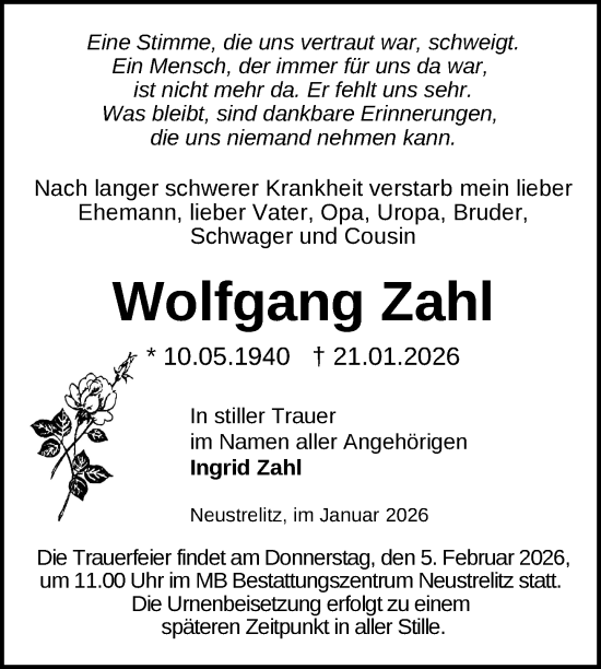 Traueranzeige von Wolfgang Zahl von Nordkurier Grosso, Nordkurier Strelitzer Zeitung, Nordkurier Müritz-Zeitung