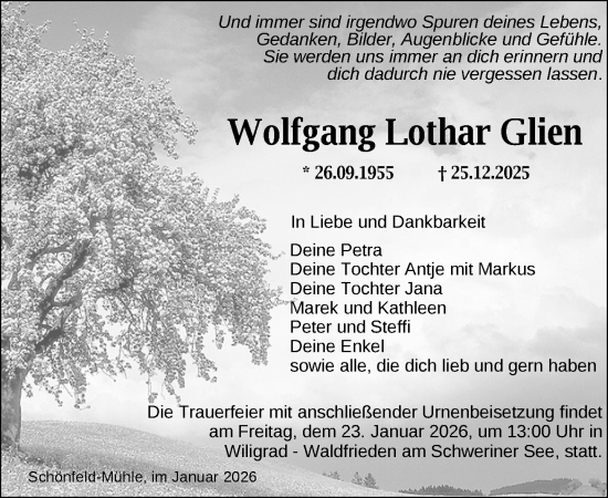 Traueranzeige von Wolfgang Lothar Glien von Zeitung für die Landeshauptstadt