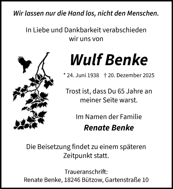 Traueranzeige von Wulf Benke von Güstrow und Bützow