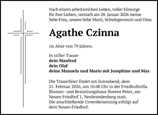Traueranzeige von Agathe Czinna von Nordkurier Neubrandenburger Zeitung