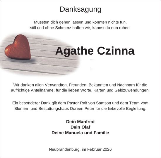 Traueranzeige von Agathe Czinna von Nordkurier Neubrandenburger Zeitung