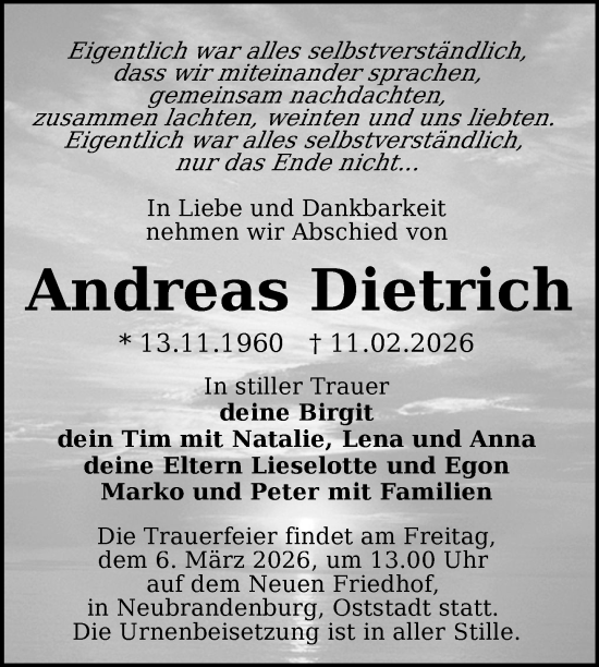 Traueranzeige von Andreas Dietrich von Nordkurier Neubrandenburger Zeitung