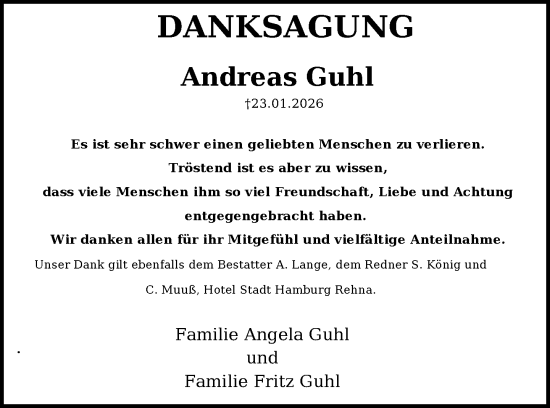 Traueranzeige von Andreas Guhl von Gadebusch - Rehnaer Zeitung