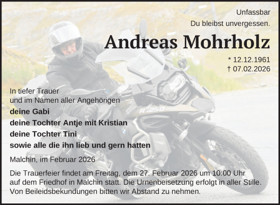 Traueranzeige von Andreas Mohrholz von Nordkurier Mecklenburger Schweiz