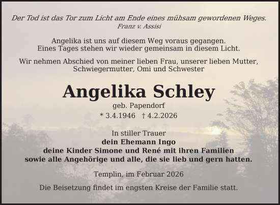 Traueranzeige von Angelika Schley von Uckermark Kurier Templiner Zeitung