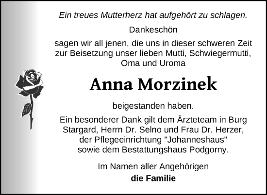 Traueranzeige von Anna Morzinek von Nordkurier Neubrandenburger Zeitung