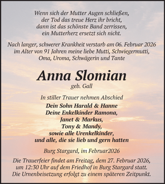 Traueranzeige von Anna Slomian von Nordkurier Neubrandenburger Zeitung