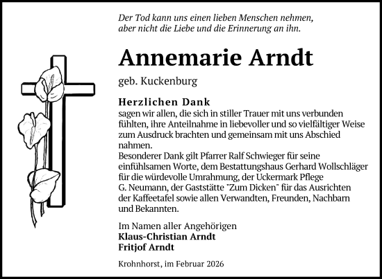 Traueranzeige von Annemarie Arndt von Uckermark Kurier Templiner Zeitung